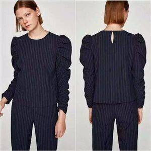 ZARA Woman Pinstripe Ruched Long Sleeve Top Size Extra Small